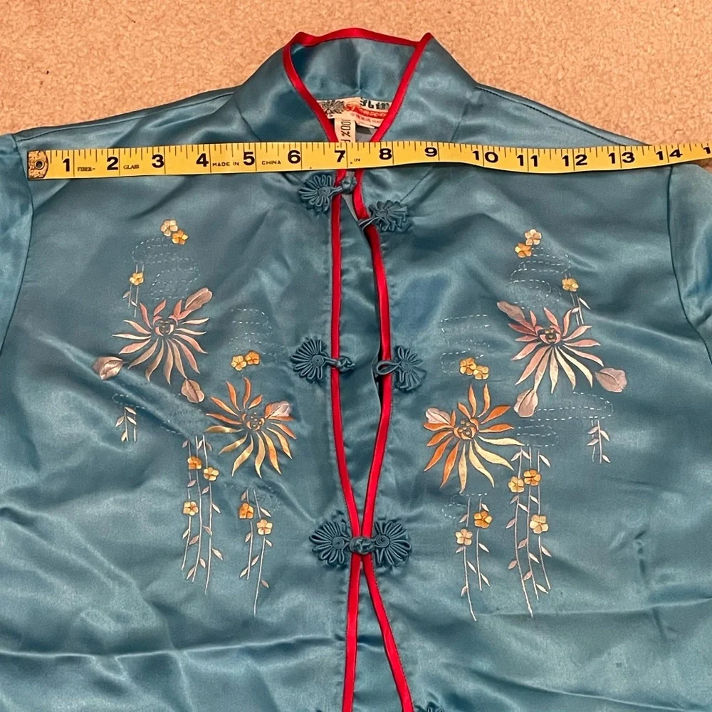 Vintage Teal 100% Silk Pajama Set with Red Trim